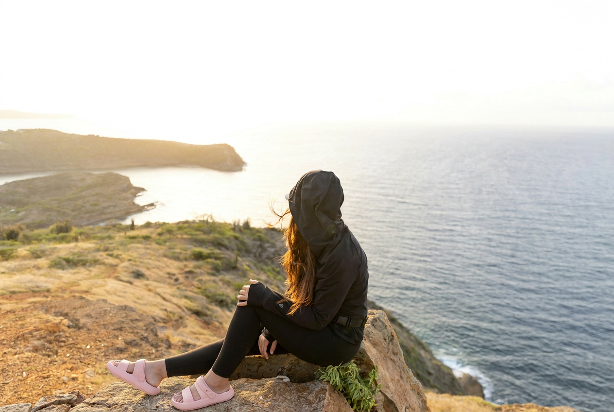 Wearing slides on a coastal cliff at sunset